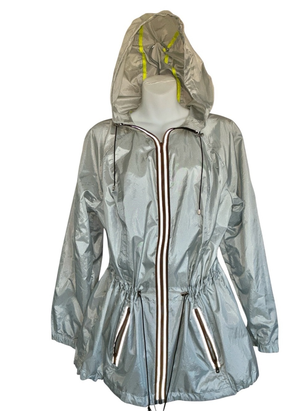 Active Jacket, Woman's 18, Silver Windbreaker, Hood and Reflective Trim. EUC